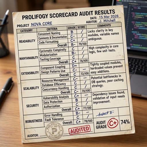 Sample Prolifogy Scorecard Analysis audit results sheet, showing grades and reviewer comments across readability, maintainability, extensibility, scalability, security, and robustness